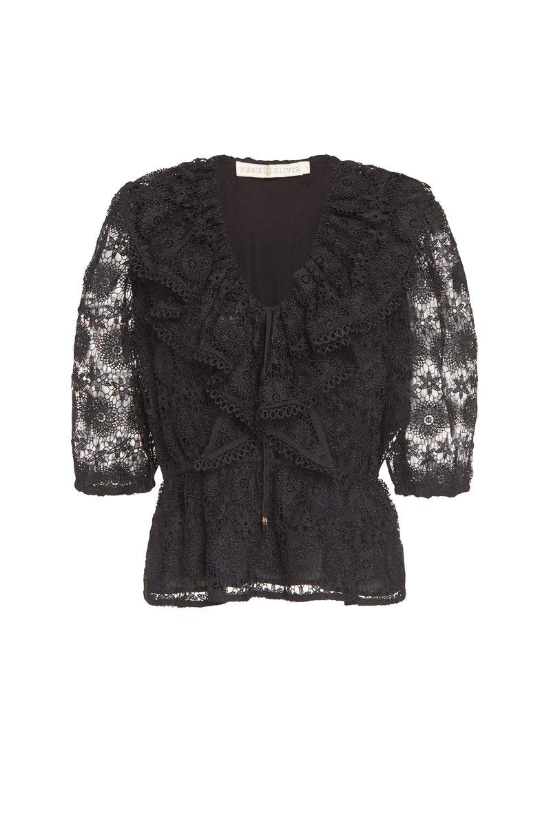 Black lace textured print v-neck peplum top