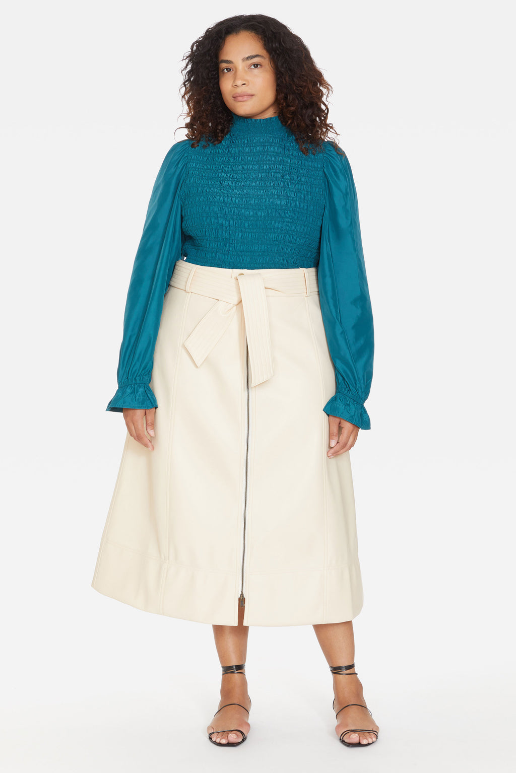 Sand midi a-line skirt with zipper and tie belt