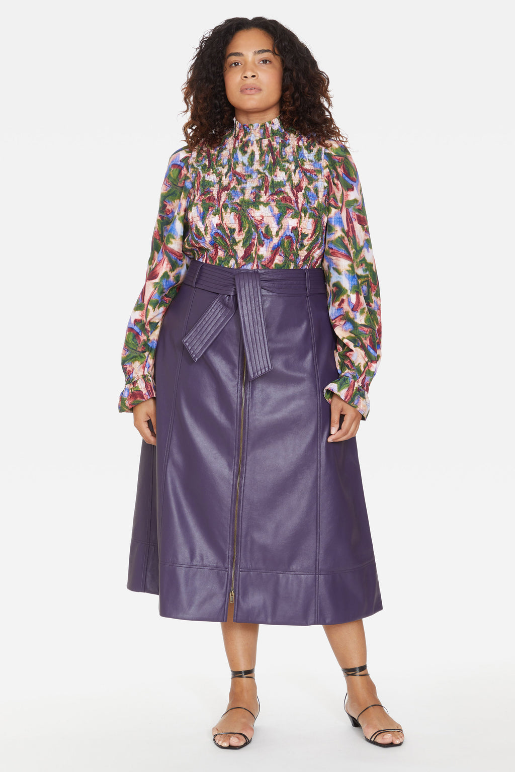 Dark purple midi a-line skirt with zipper and tie belt