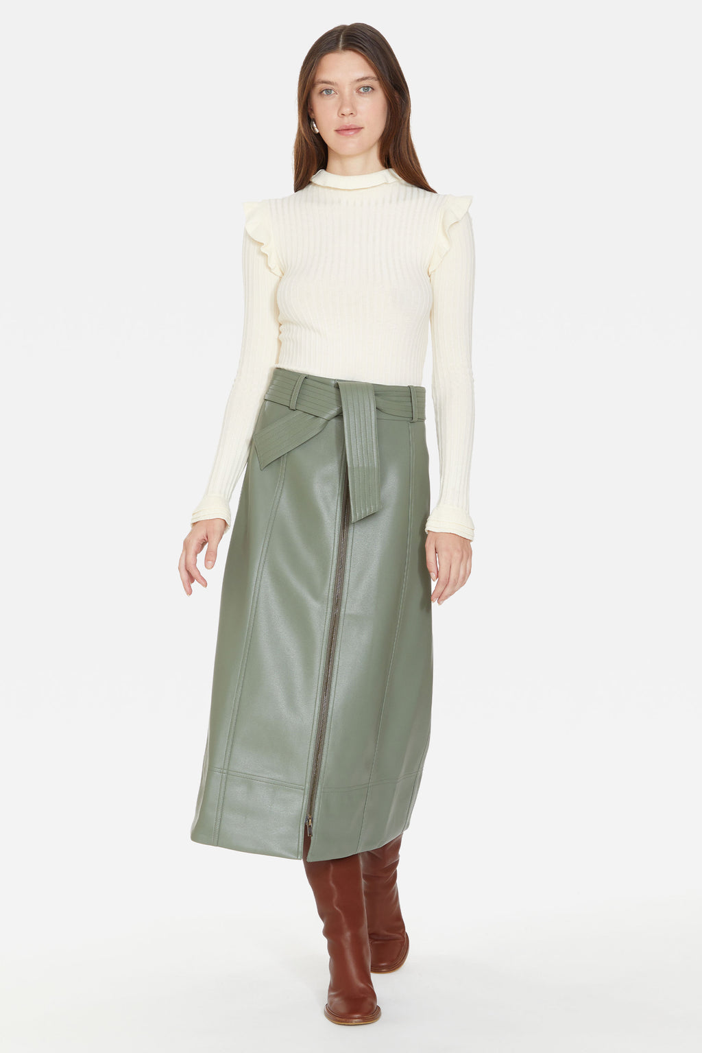Grey a-line skirt with two-way zipper and tie belt