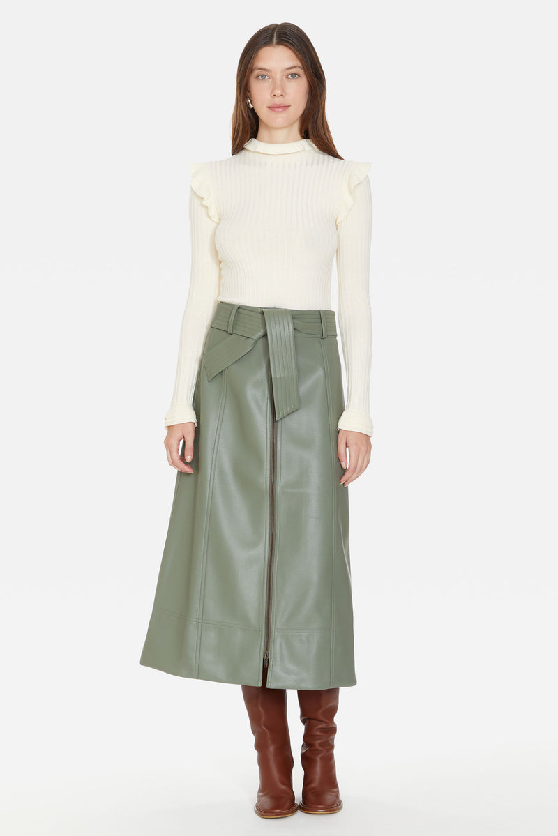 Midi skirt with two-way front zipper and self tie belt 