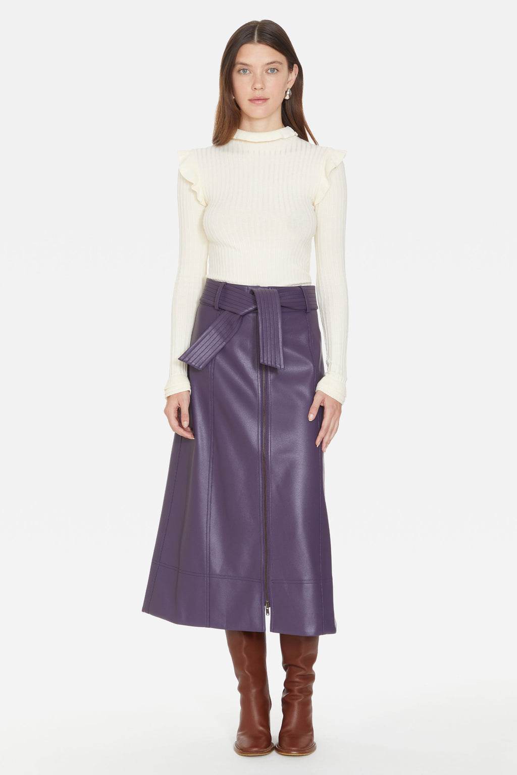 Purple plum a-line skirt with two-way zipper and tie belt