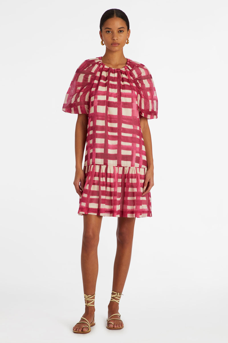 Pink and white checkered printed short dress with short puff sleeves