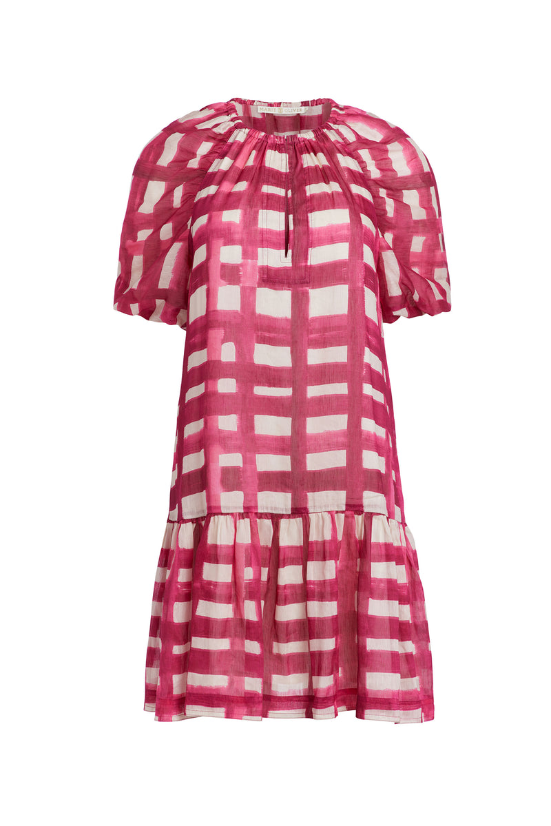 Pink and white plaid mini dress with short puff sleeves