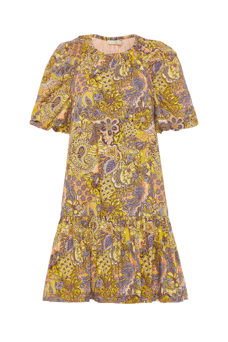 Elastic neckline can be worn open or closed, above the knee patterned dress 