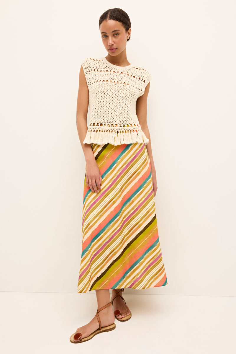 A-line midi skirt with diagonal multicolor stripes in warm tones 