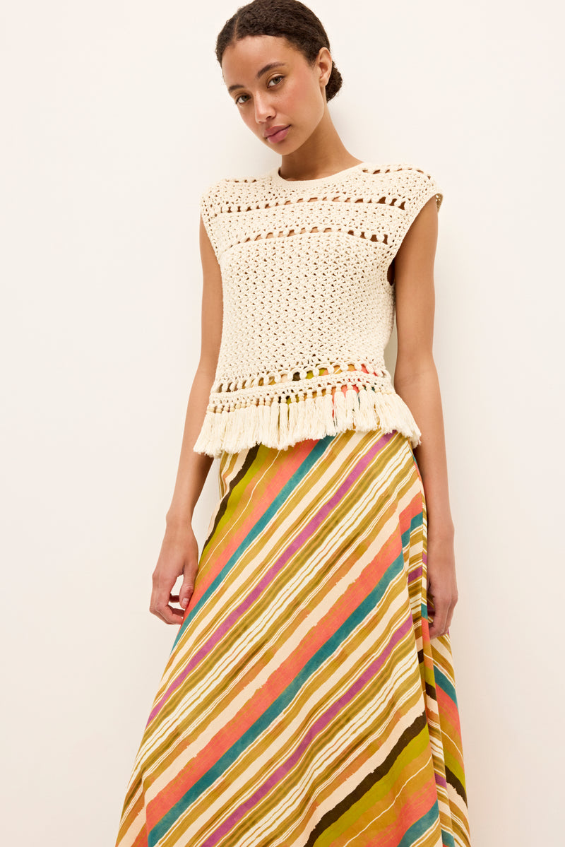 Colorful flared skirt with bold diagonal lines and a high waist silhouette 