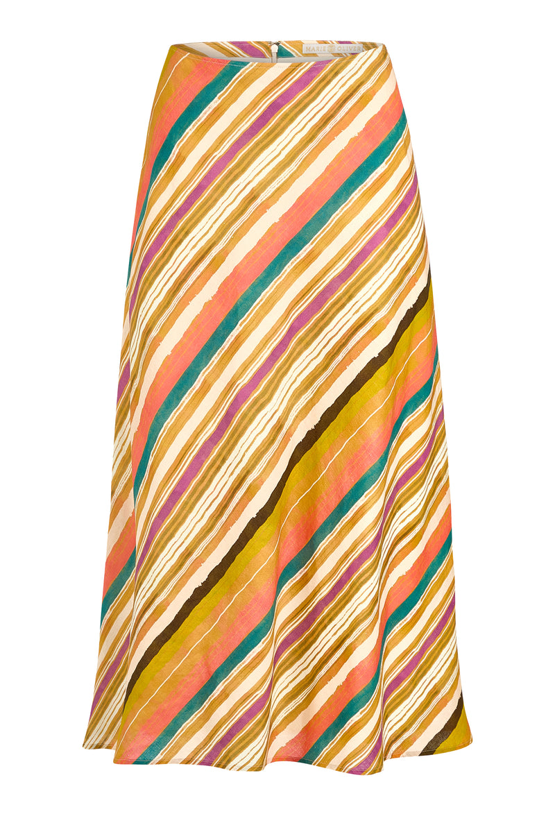 Multicolored stripe midi skirt in peach, gold, green, and cream hues 