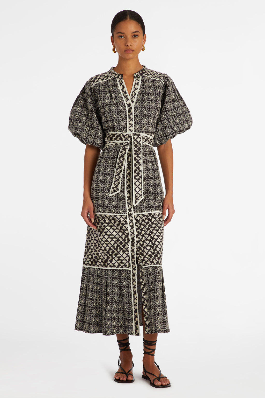 Midi dress with short puff sleeves and a sash belt at the waist