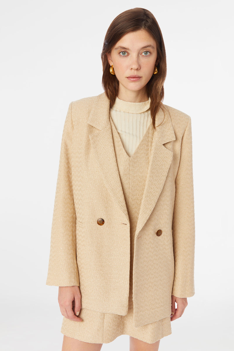 Straight beige tweed blazer with tortoise buttons  