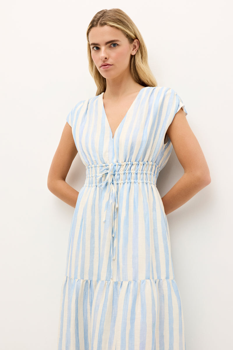 Relaxed fit sleeveless dress with adjustable waist tie and stripped fabric