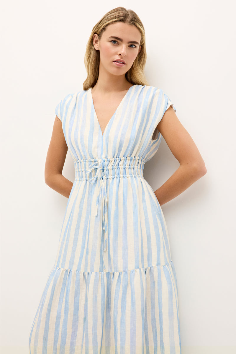 Lightweight tiered dress with a V-neckline, cinched waist, and blue and white fabric