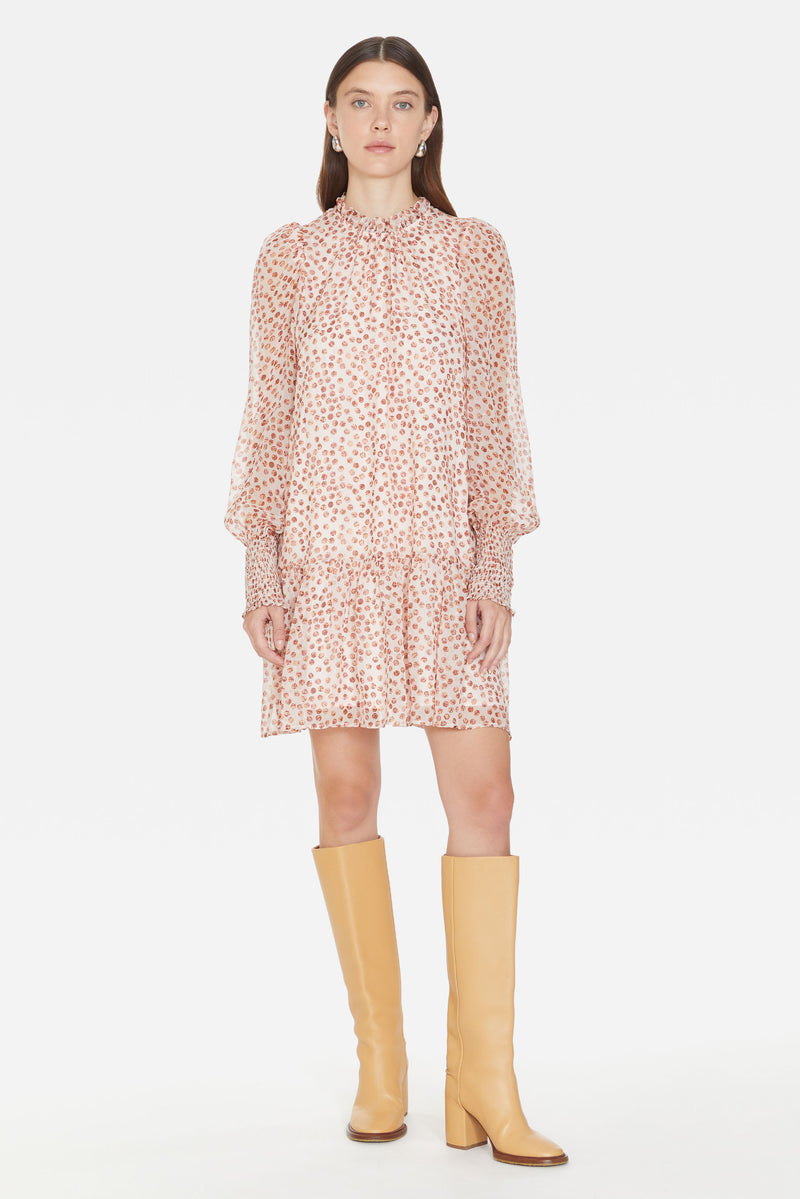 A-line, long sleeve dress with lined bodice and sheer metallic pink dot patterned overlay