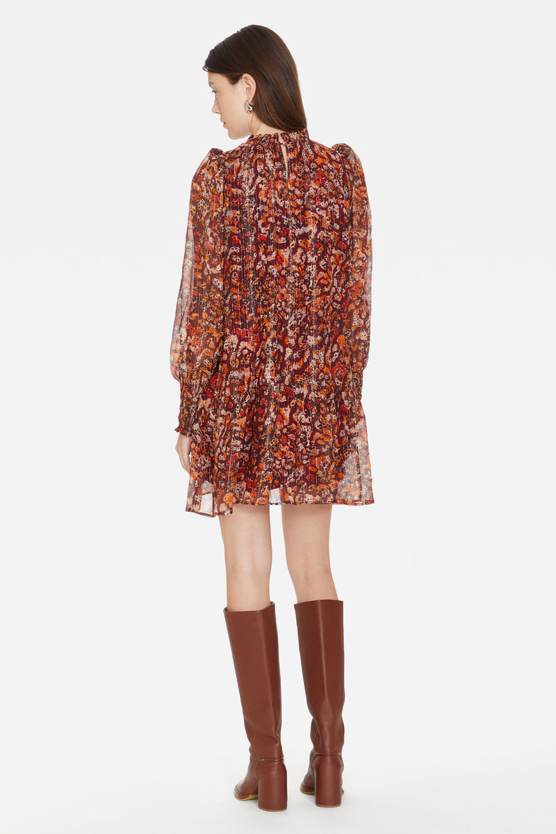 Ruffle neck flowy long sleeves short dark dress 