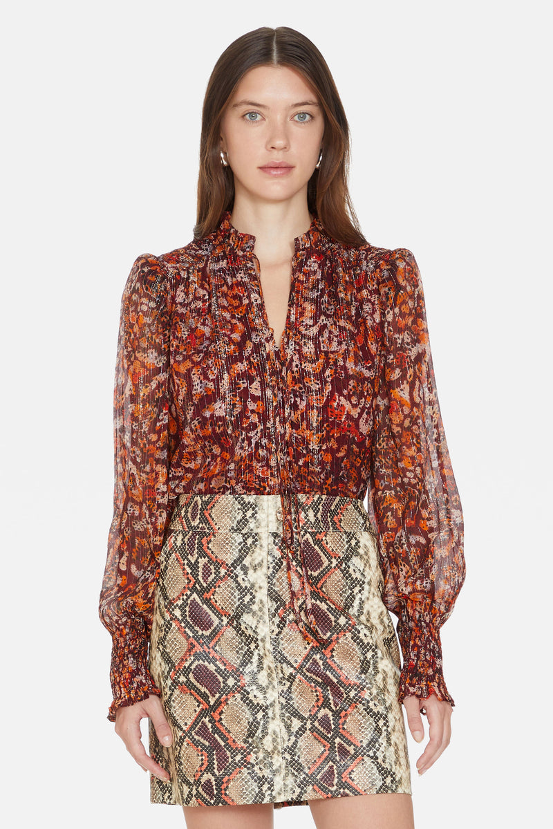 Long sleeve smocked cuff blouse with pattern 