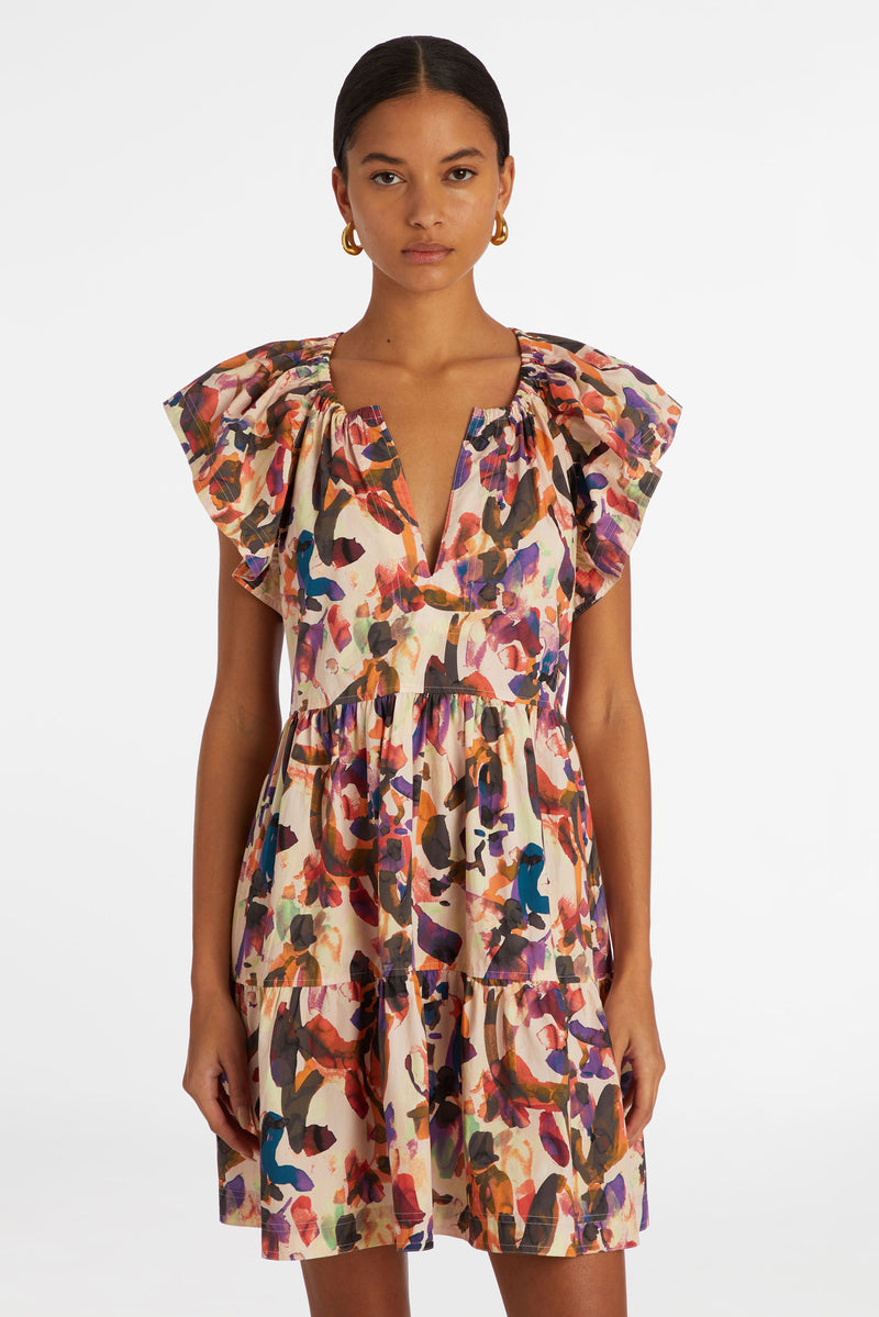 Short dress with large ruffled sleeves in a pink and brown floral print