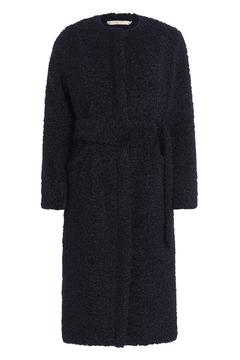Long sherpa coat with faux leather belt and patch pockets