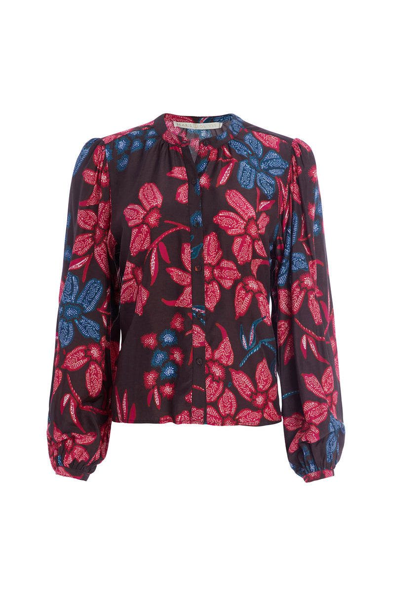 long sleeve button down blouse with full sleeves in a deep pink and blue floral print 