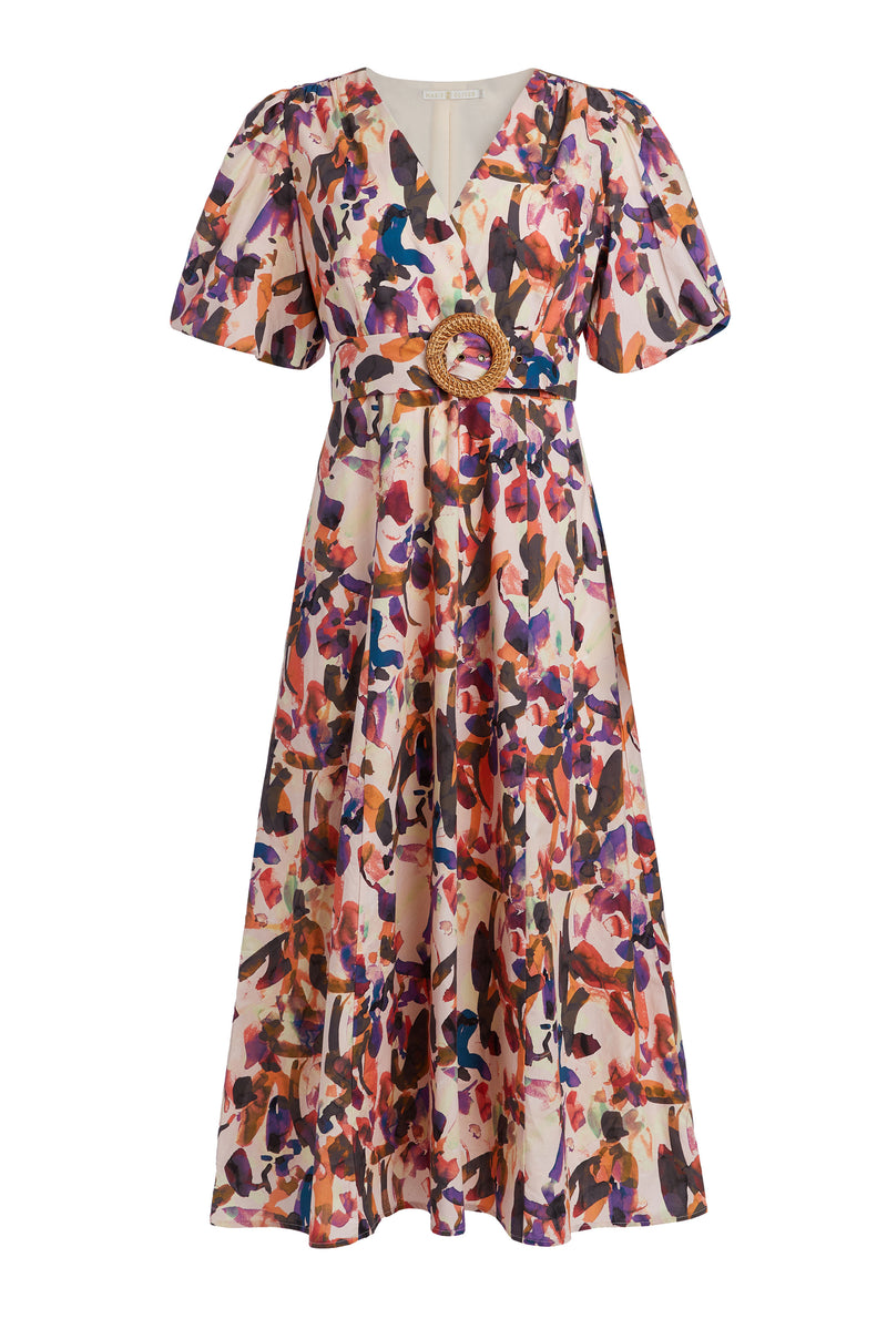 Long dress with short puff sleeves and reversible belted waist 