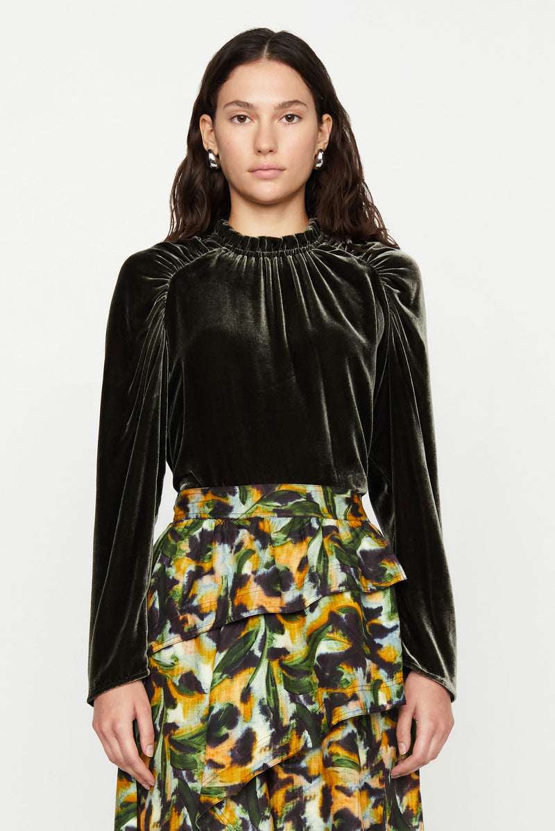 Solid army green velvet blouse 
