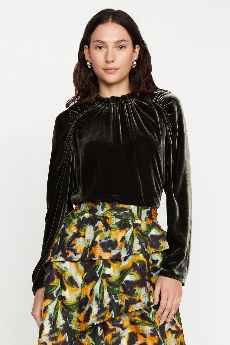 Solid army colored velvet long sleeve blouse 