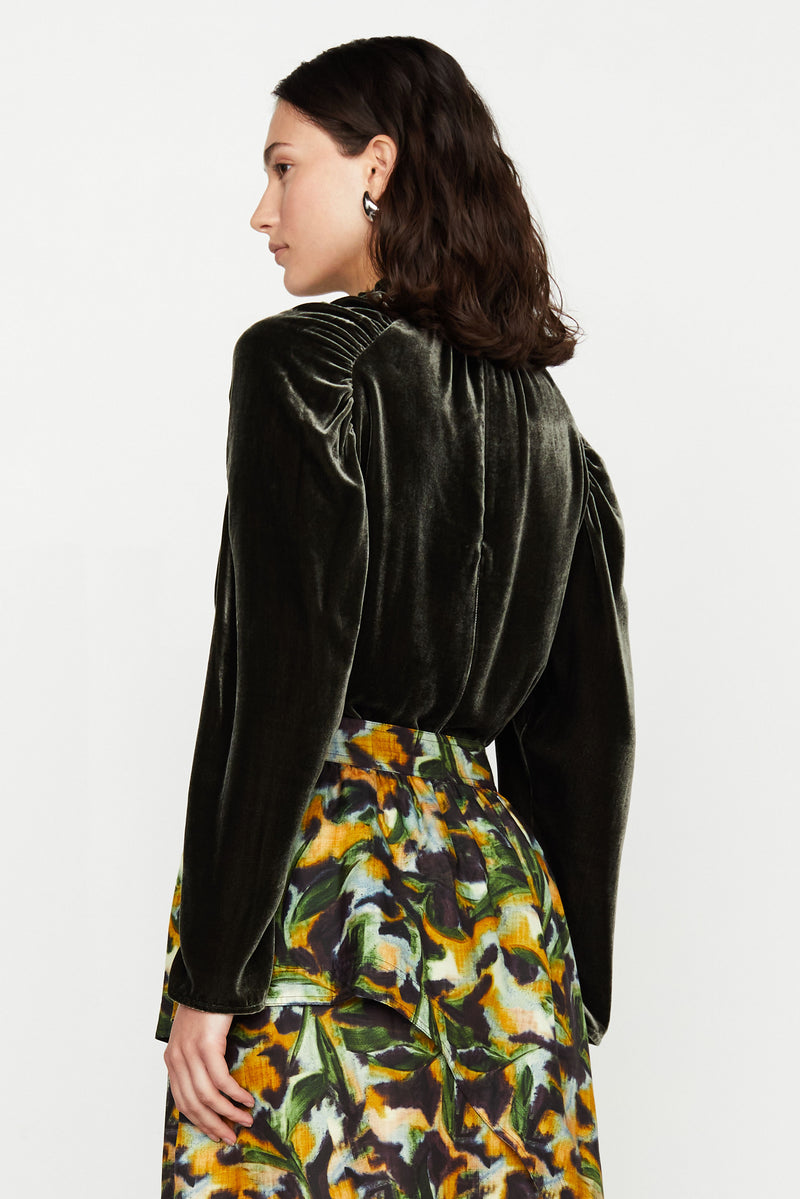 High ruffled neck velvet blouse with long sleeves 