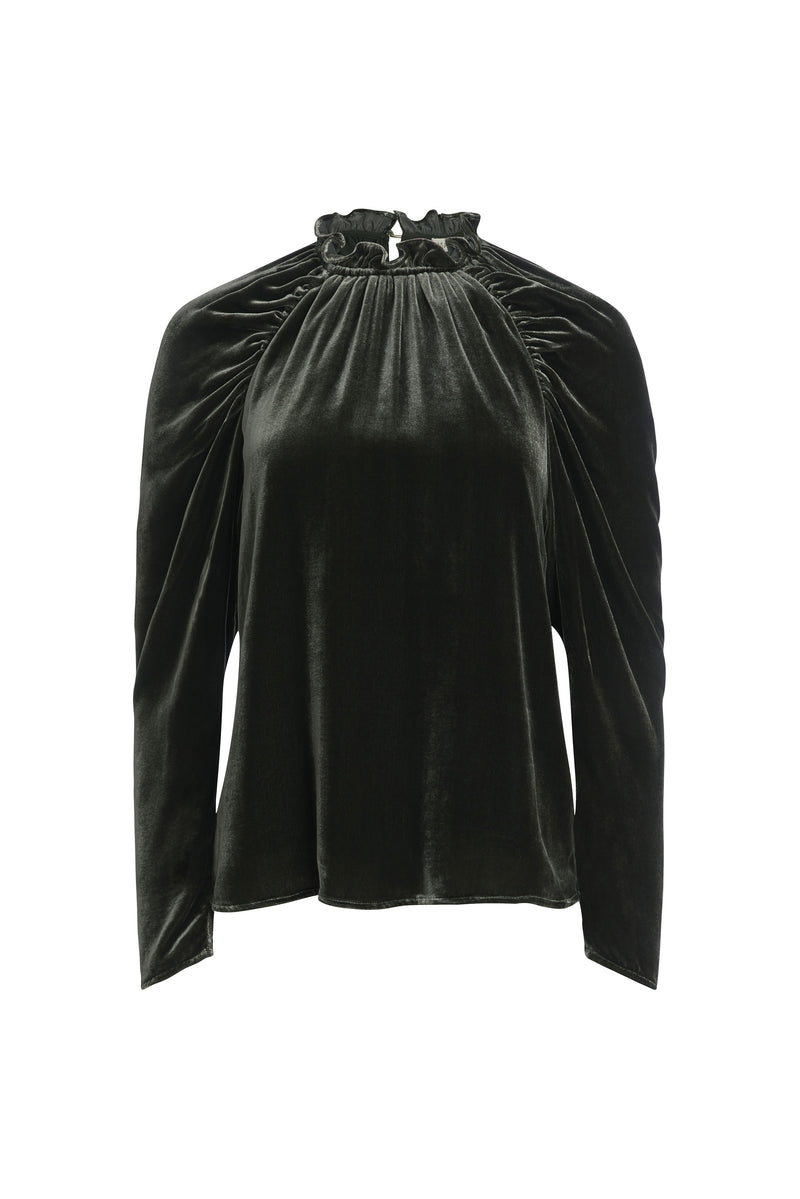 Velvet long sleeve blouse with ruffle detail 