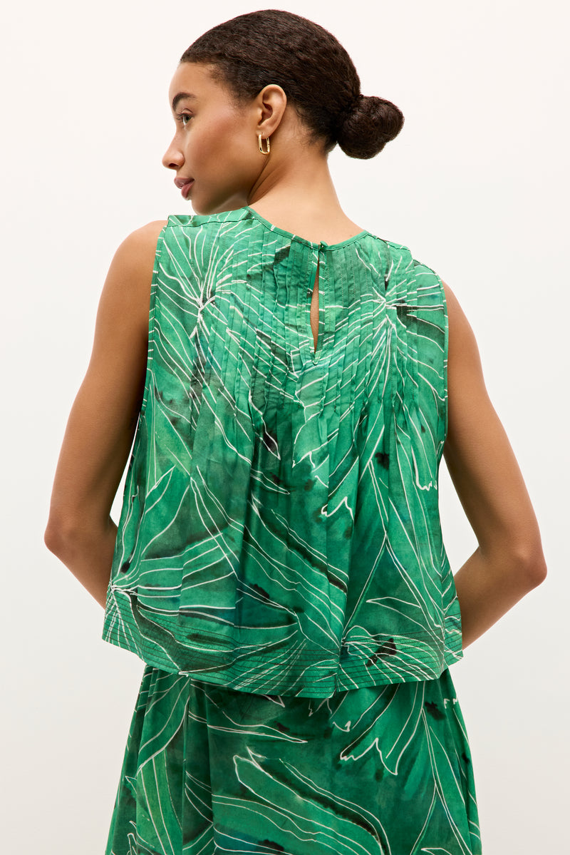 Green summer tank with subtle pleats and nature inspired designs