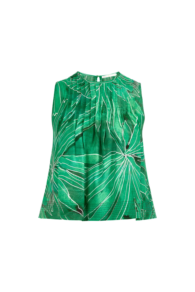 Lightweight leaf print top with pleated detailing and breezy shape 