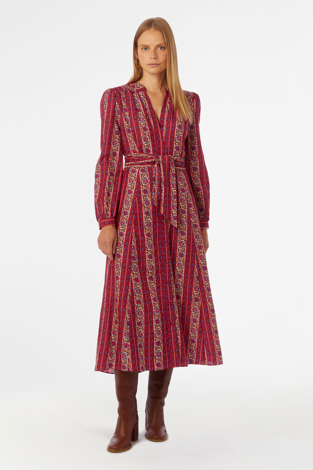 Bright color patterned long sleeve midi length dress 
