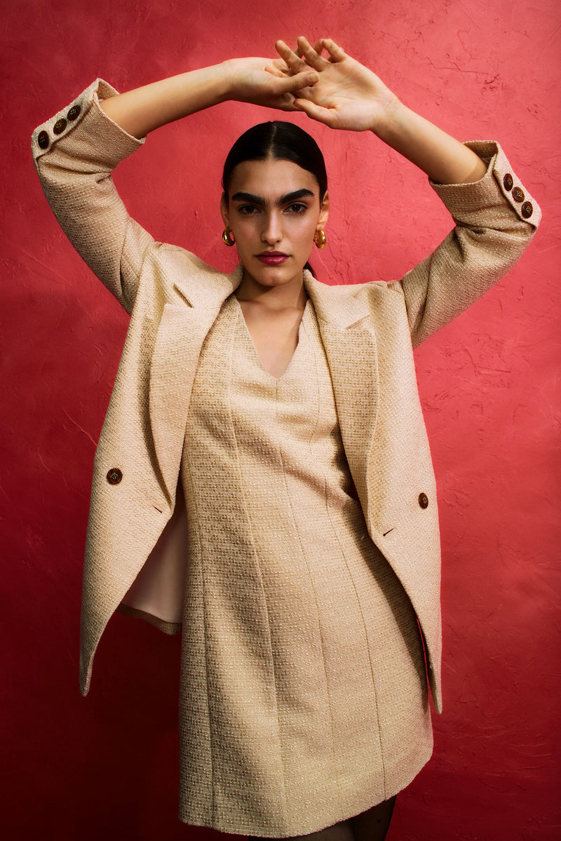 V-neck tweed dress with matching jacket