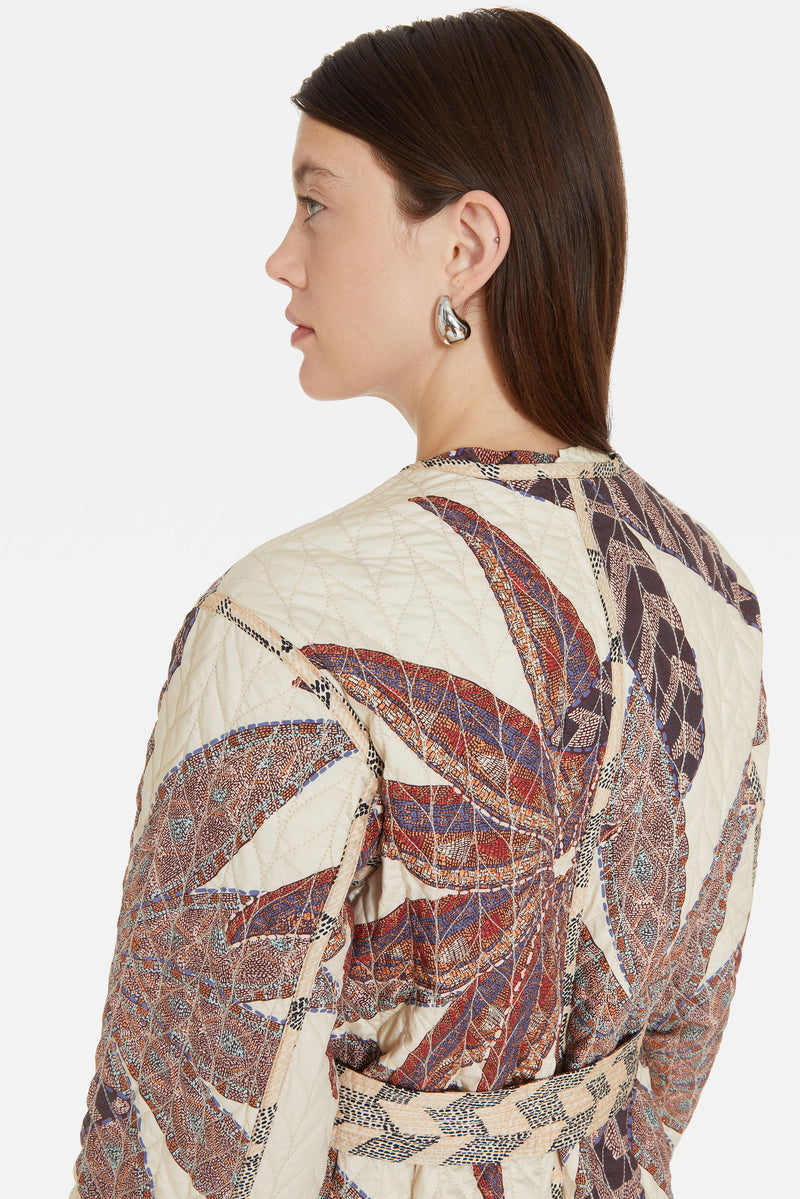 Midi length reversible purple tone patterned jacket with tie and buttons 