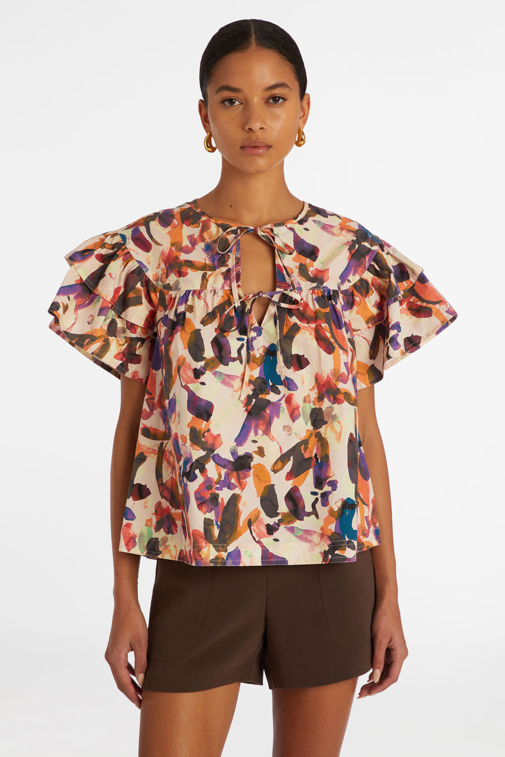 Short flutter sleeve top with adjustable v-neckline