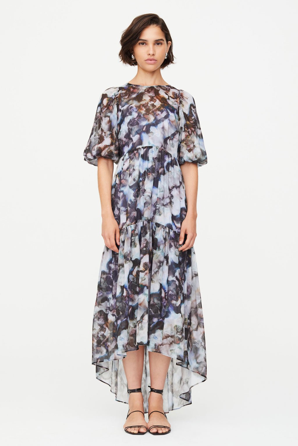 High-low hem midi length patterned dress with puffed short sleeves and slip lining 