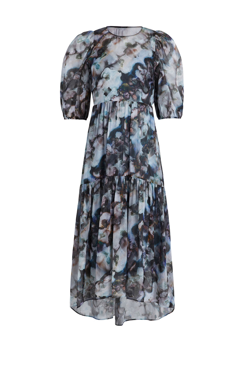 Crewneck high-low dress with short puff sleeves