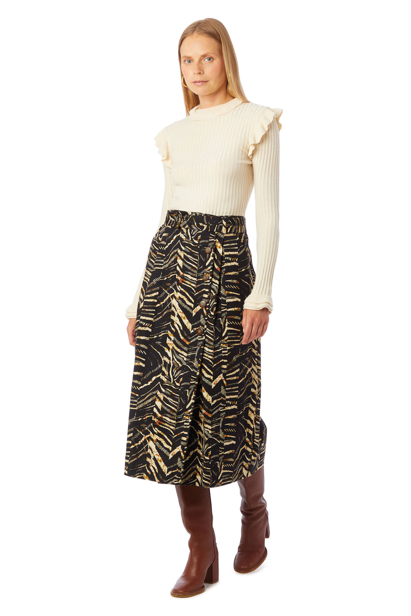 Zebra patterned high-waisted column skirt with top stitch details and slash pockets