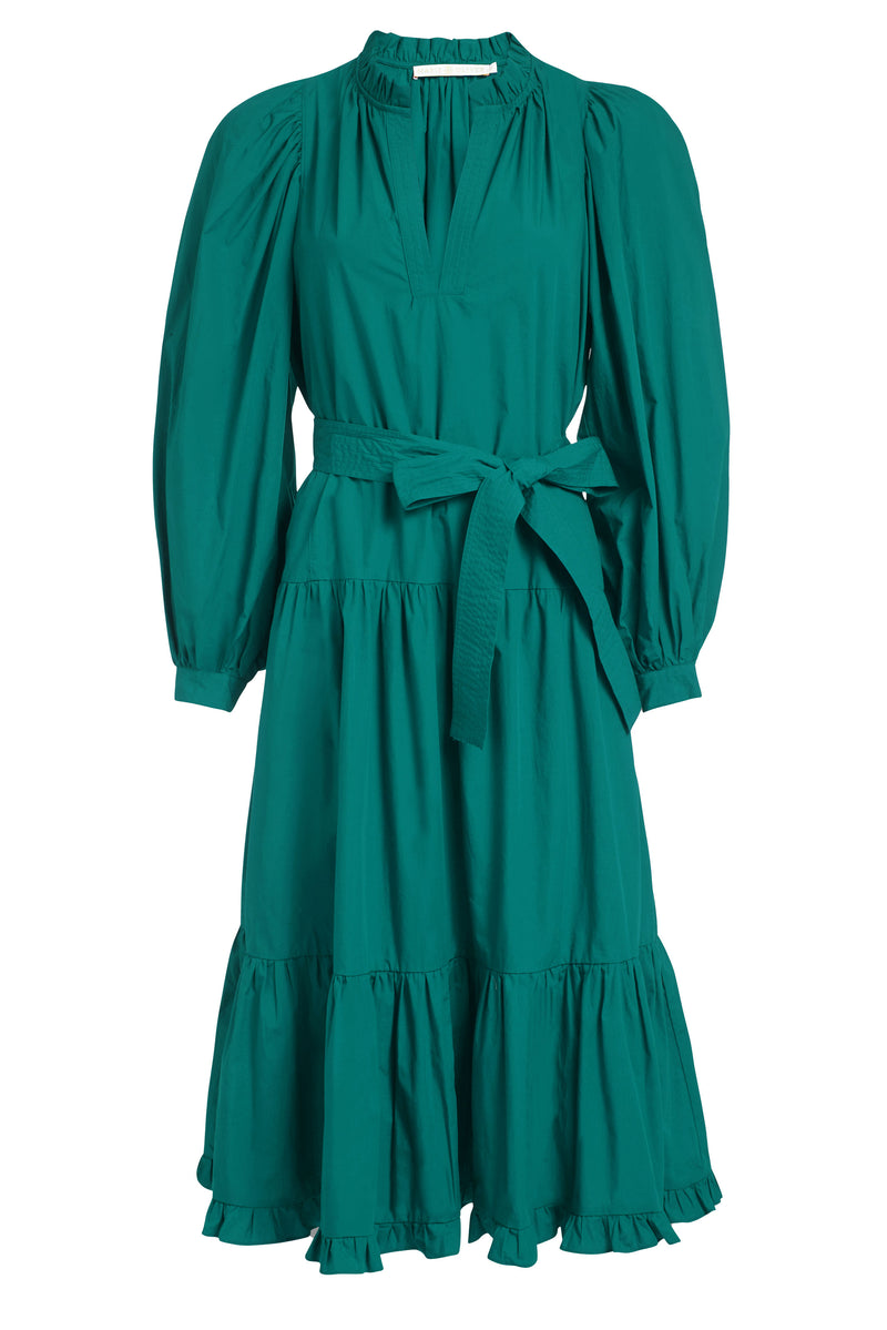 Tiered midi length dress with long sleeves and optional belt 