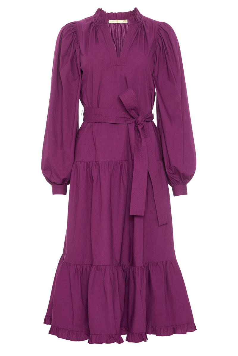 Tiered midi length dress with long sleeves and optional belt 