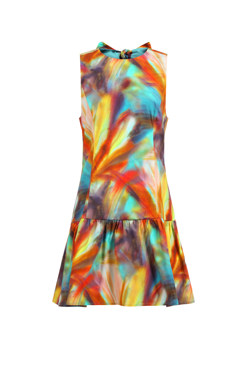 High neck sleeveless dress with eye catching swirl print and soft flare shape 