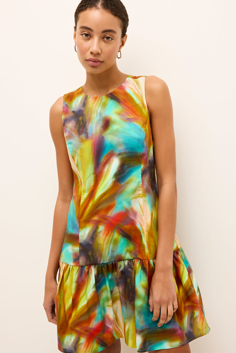 Colorful party dress with painterly hues and a playful gathered skirt 