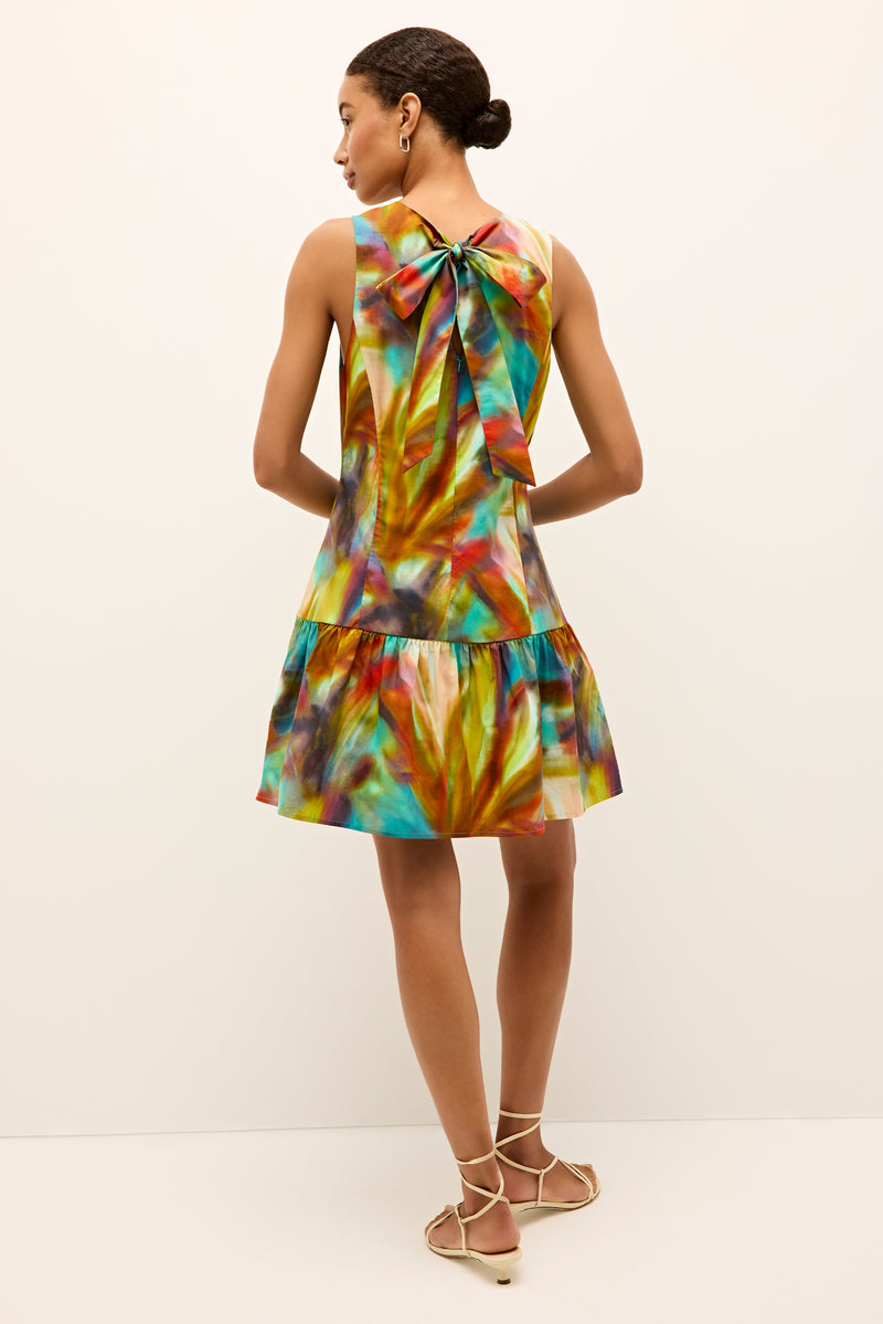 Modern mini dress with artistic color pattern and clean, sleeveless design