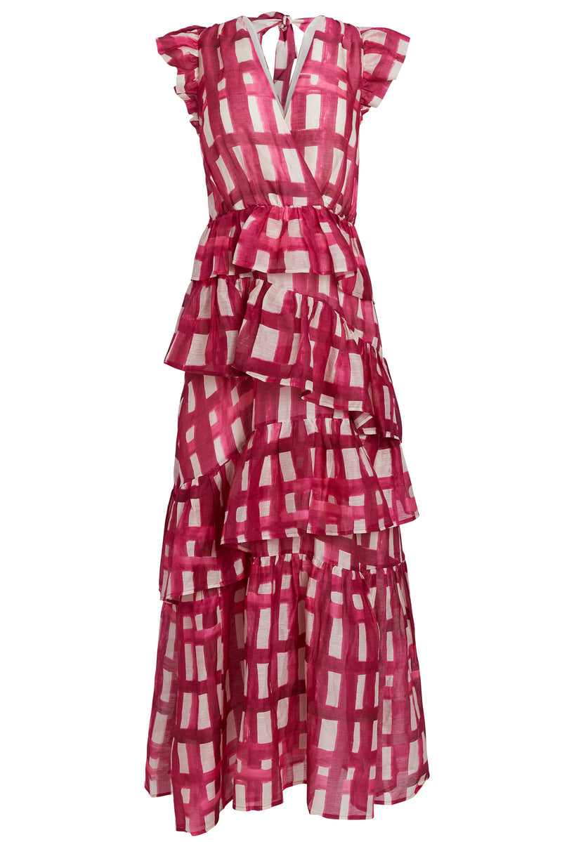 Pink and white checkered maxi dress with short flutter sleeves