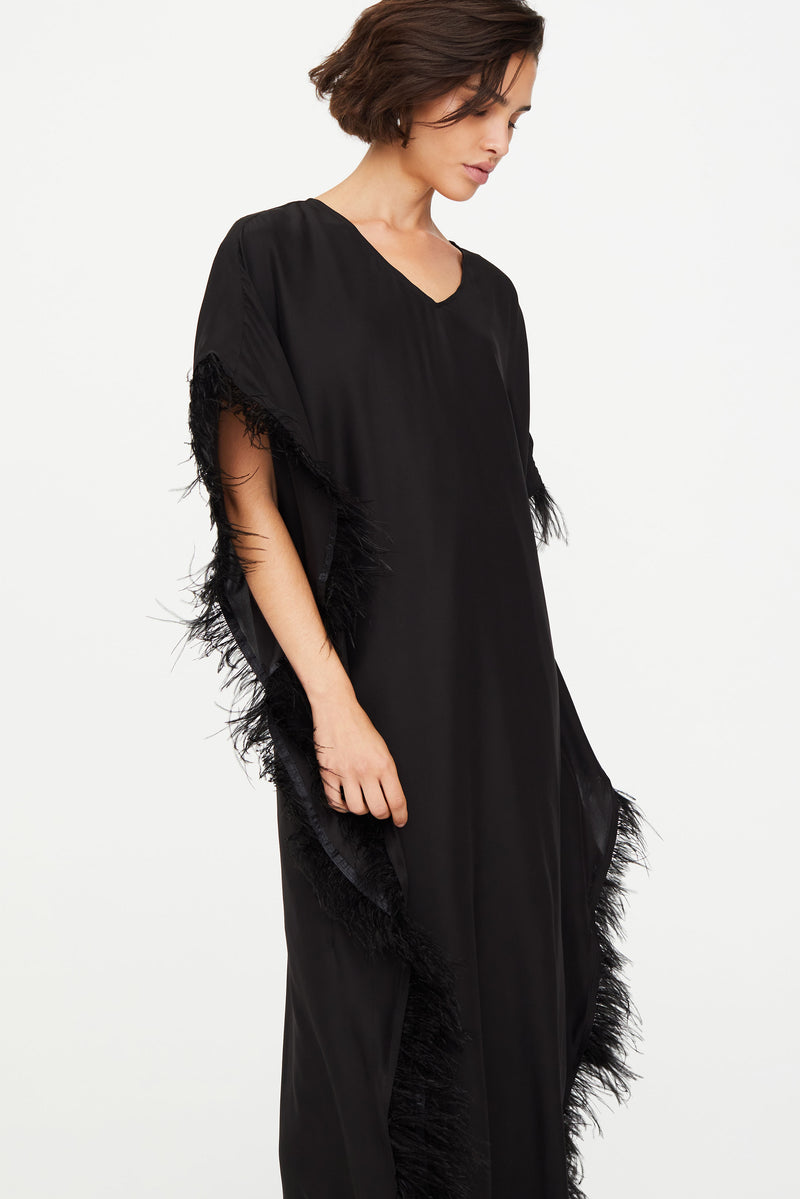 Solid color feather trim slip on caftan with v neckline 