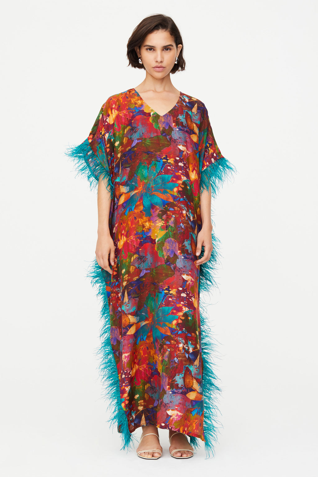 Long length caftan with blue feather trim 