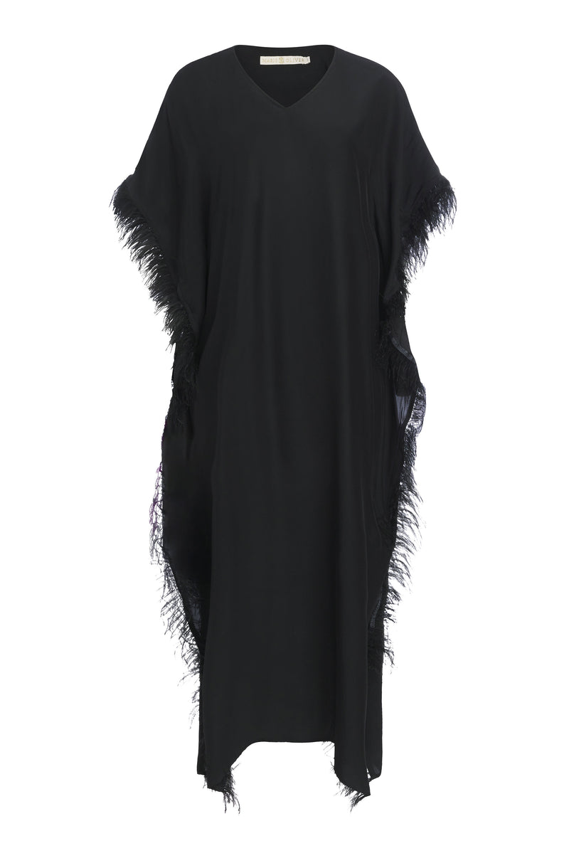 Long v-neck caftan with feather trim down the sides