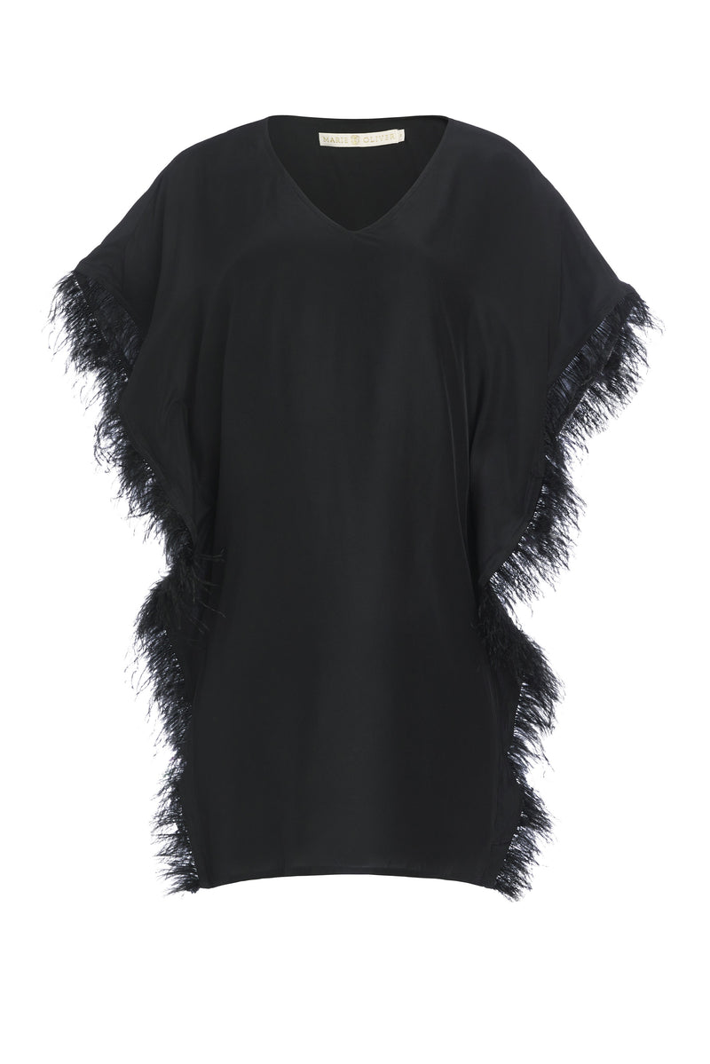 Short dolman sleeve dress with feathers 