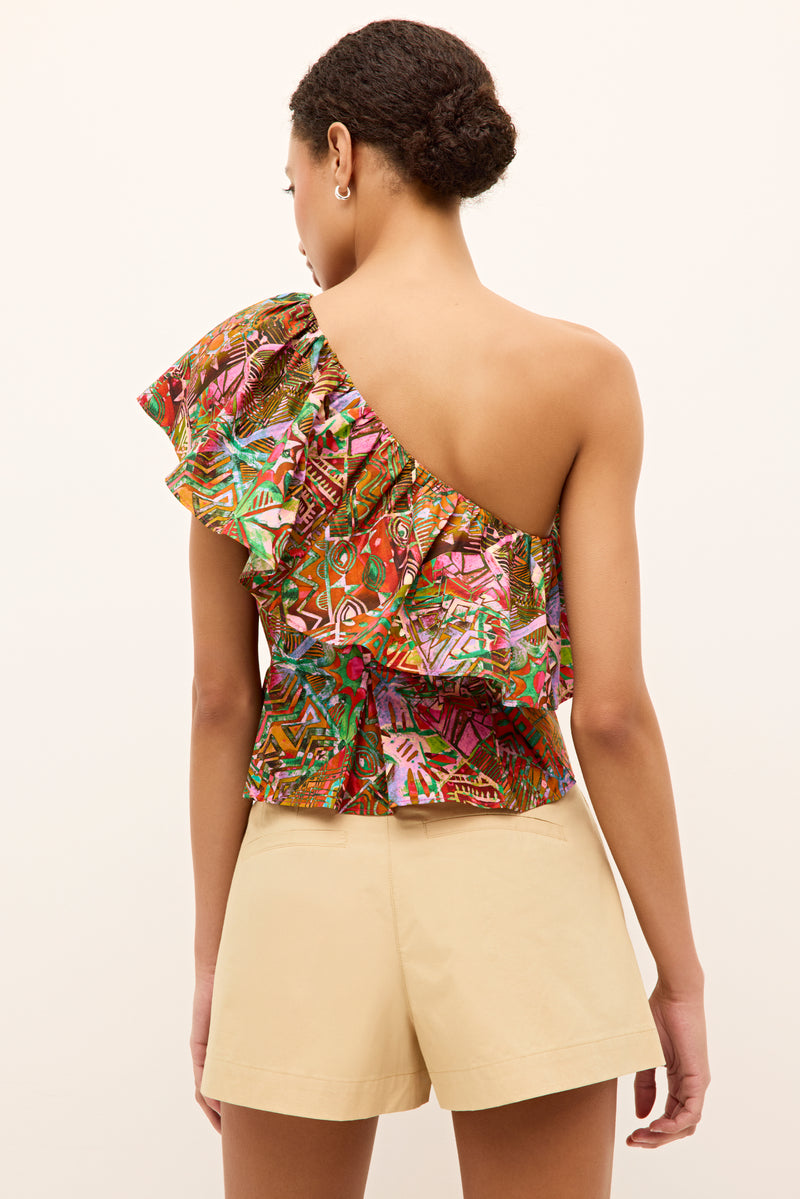 Bold printed one-shoulder top in multicolor abstract print with dramatic neckline ruffle 