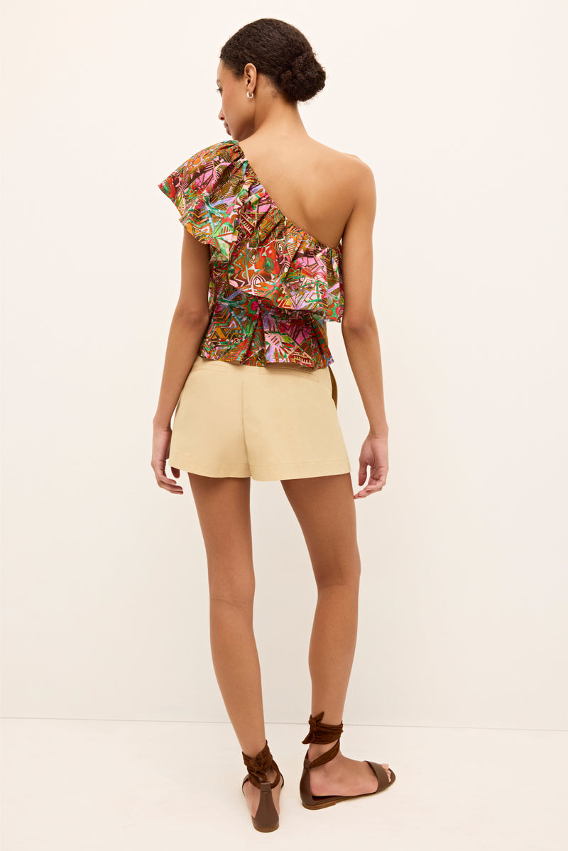 Statement summer top in multicolor abstract print with dramatic neckline ruffle 