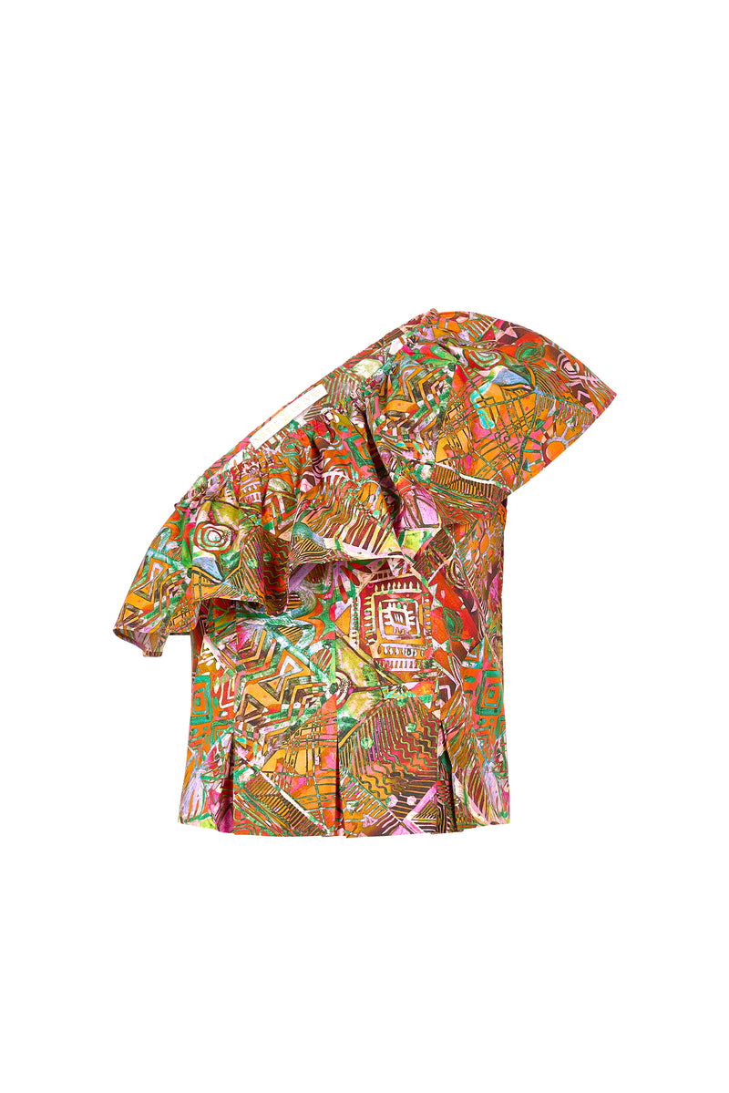 Structured off-shoulder top with ethnic motifs and a flattering silhouette 