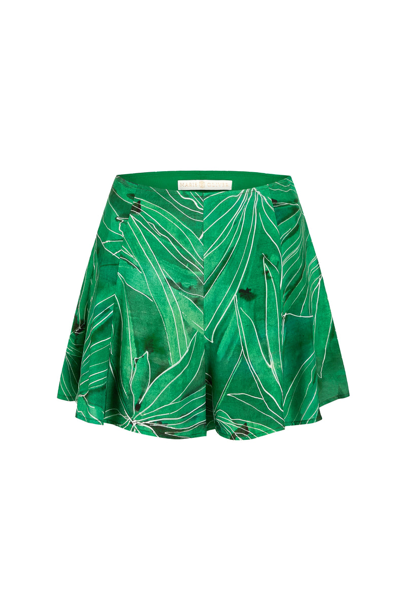 Casual green shorts with pleated detailing and artistic leaf graphics 